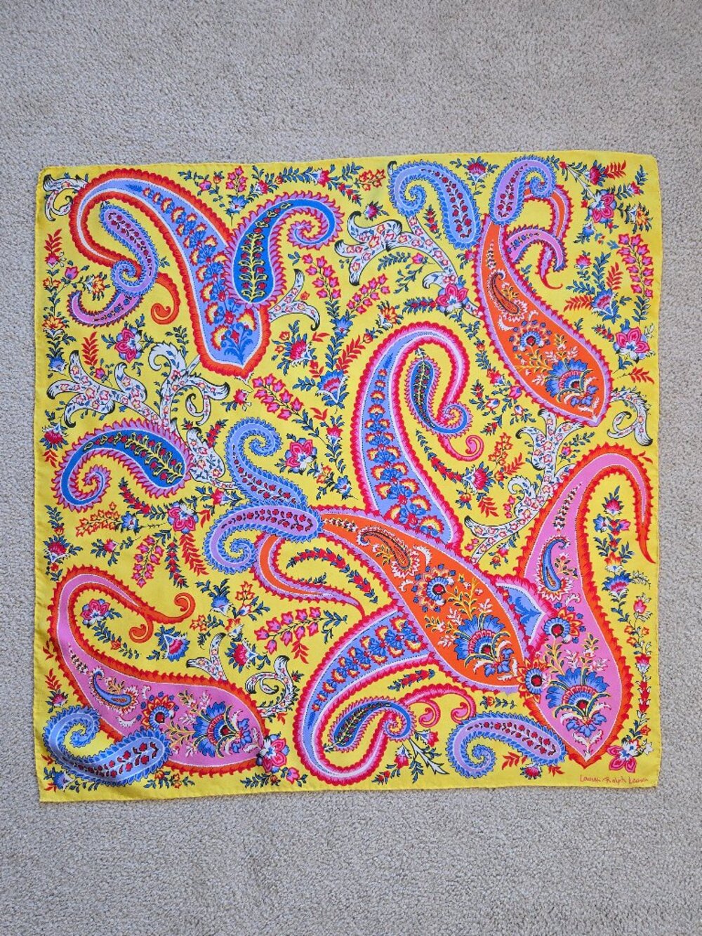 Lauren Ralph Lauren Silk Scarf Hand Rolled Yellow Paisley Flowers